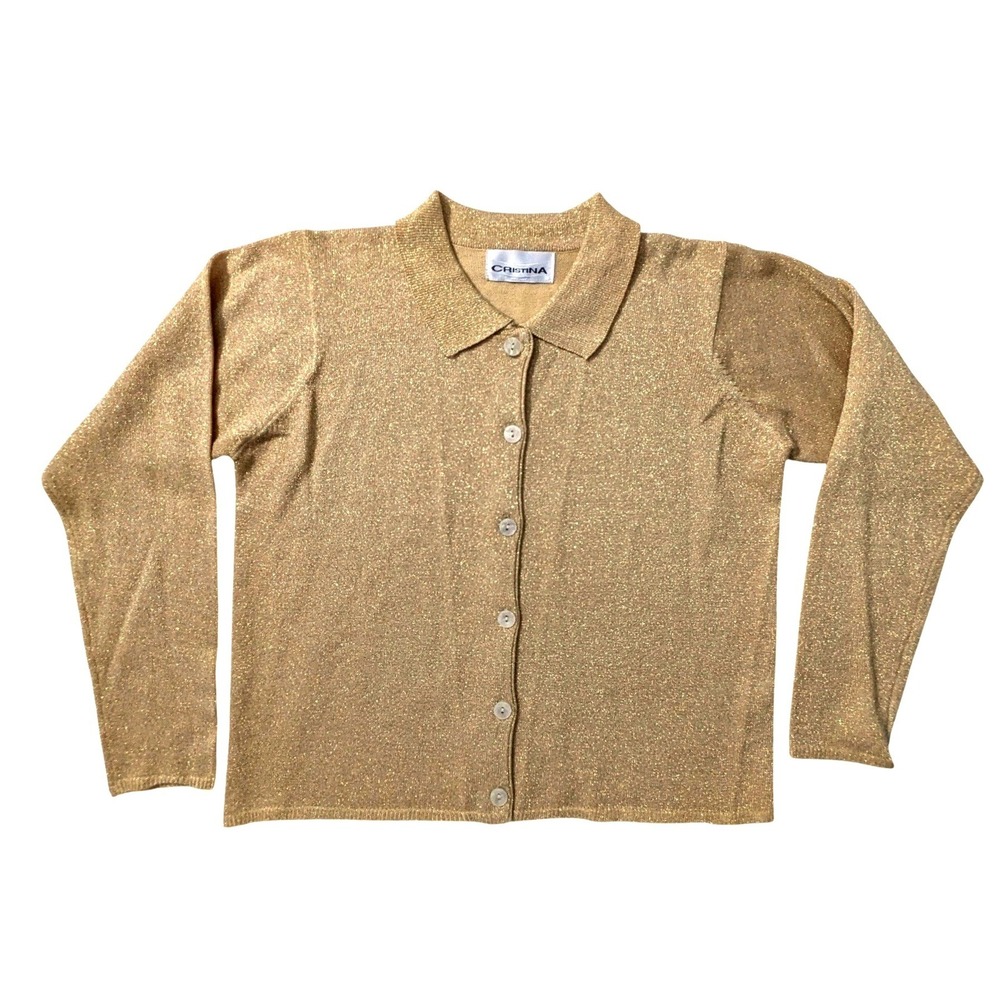 Vintage Cristina‎ Gold Metallic Knit Cardigan Button Front Sweater Womens Sz S